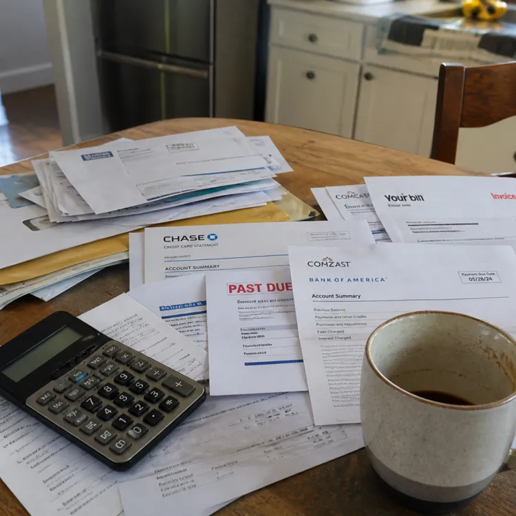Stack of bills, a calculator, and a coffee mug on a wooden kitchen table