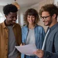 a smiling group of three people looking at a document