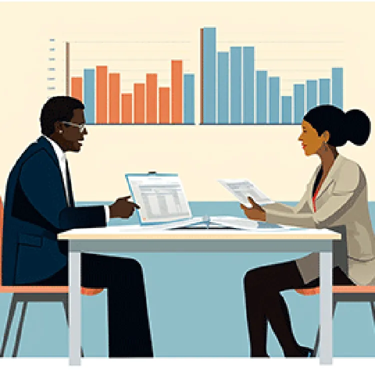 graphic image showing two people talking with a graph on background