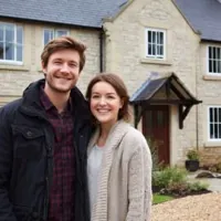 couple standing in front of a house