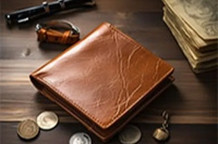 wallet on a table with coins and paper money beside it