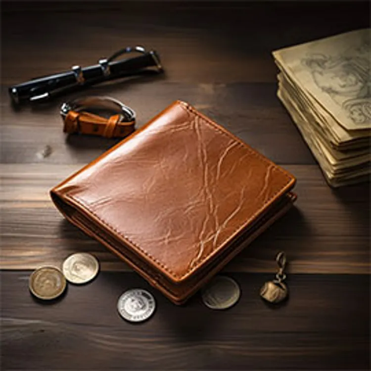 wallet on a table with coins and paper money beside it