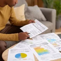 a man sitting and reading several documents