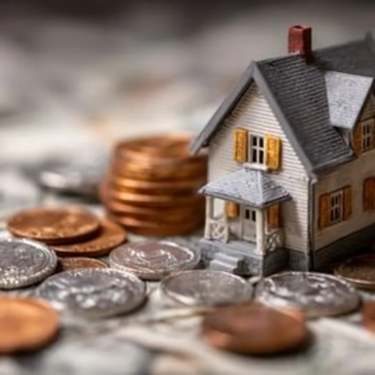 a small model of a house placed among piles of coins and U.S. dollar bills