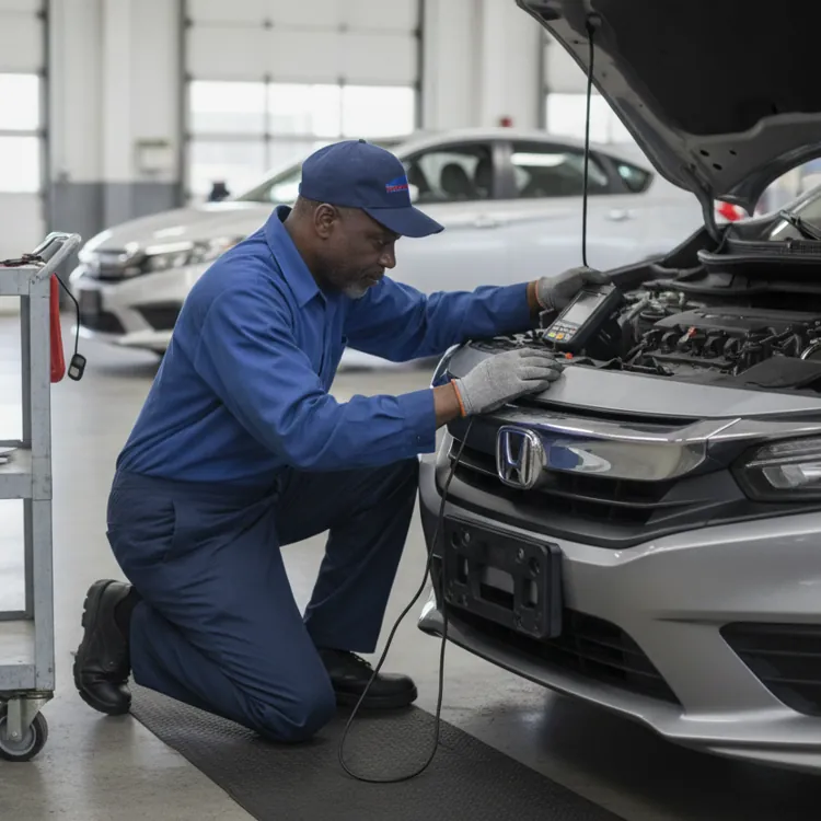 Mechanic in blue uniform using diagnostic tool on a silver Honda car in a garage