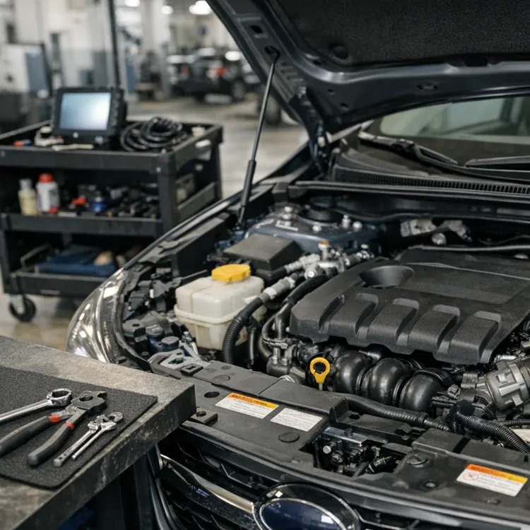 Open car hood with engine and tools on a workbench in an auto repair shop