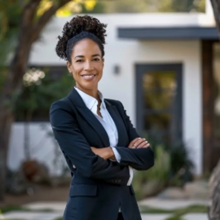 a happy-looking woman standing with her arms crossed