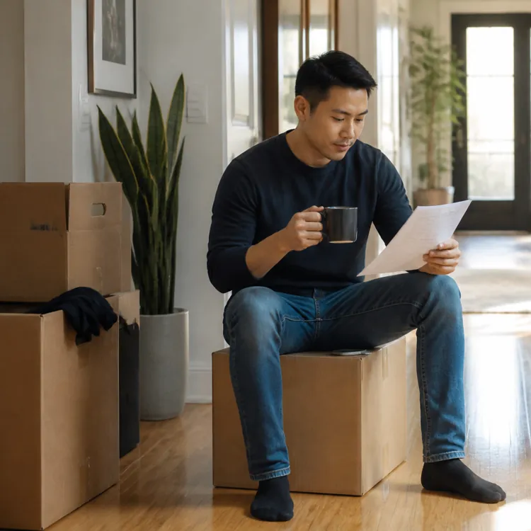 Man sitting on a cardboard box in a hallway holding a mug and reading a document surrounded by moving boxes