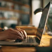 a laptop with someone typing on it