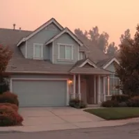 a two story suburban house painted in light blue with white trim and a two car garage