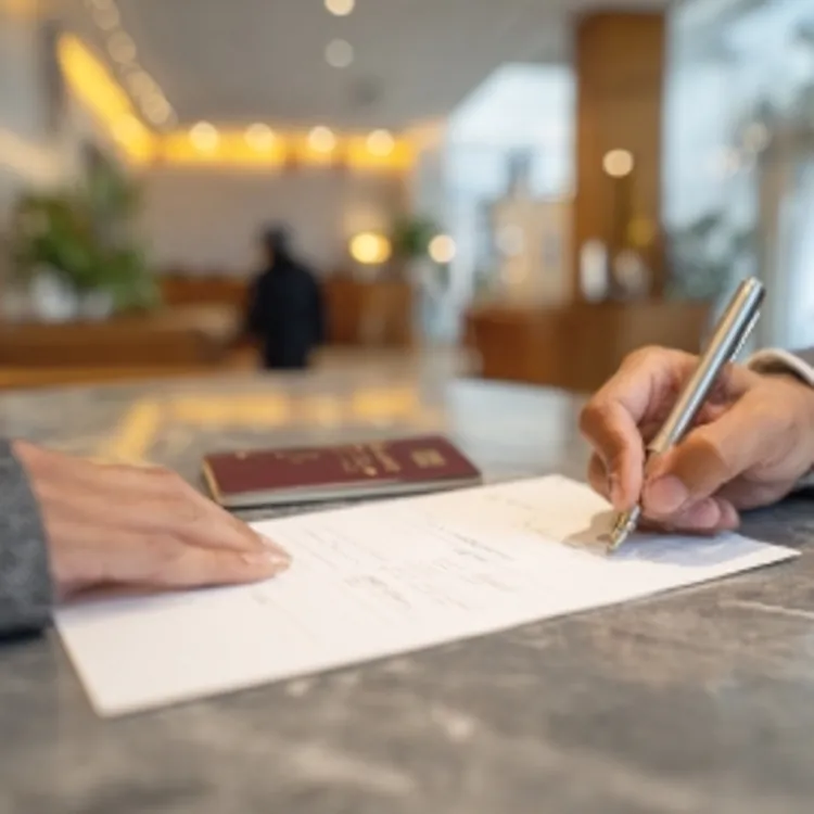 someone signing a document, with a passbook beside it