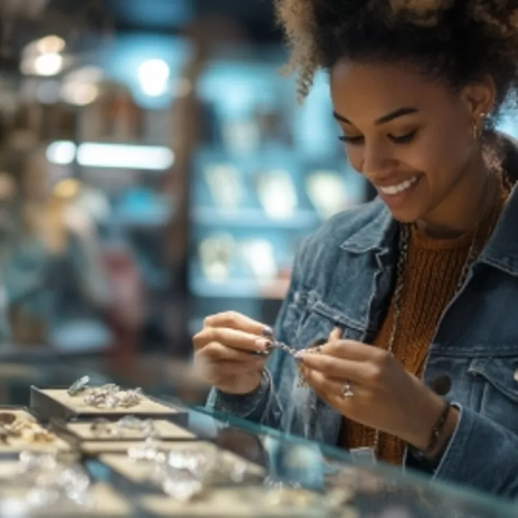 a woman holding a piece of jewelry and smiling