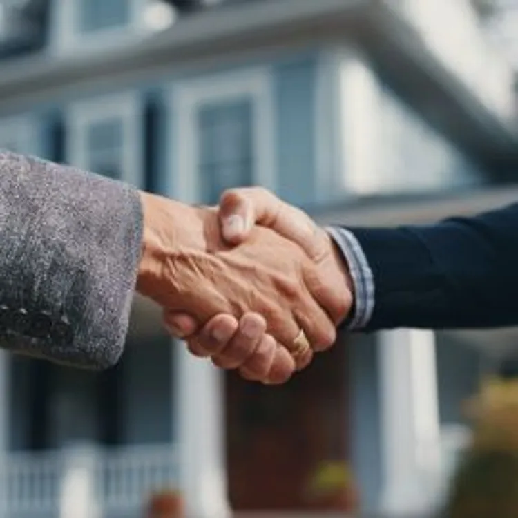 two people in a business suit shaking hands in front of a house