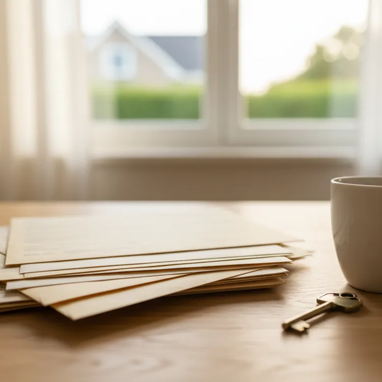 Stack of letters, a white mug, and house keys on a wooden table by a window