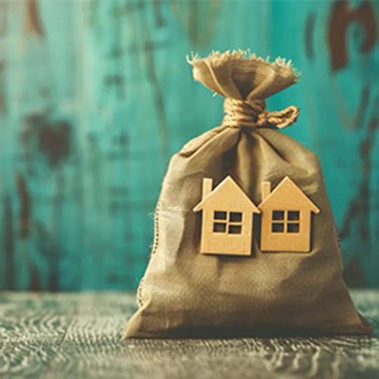 tied sack and wooden miniature houses