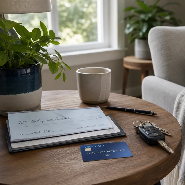 Checkbook, car keys, credit card, and mug on a wooden table beside a cozy chair