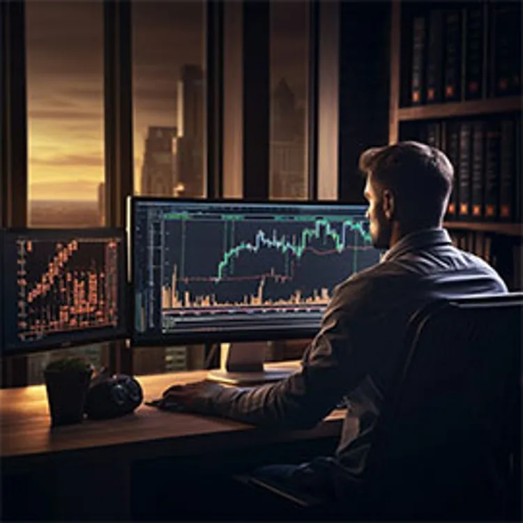 man checking stock movement on desktop monitor