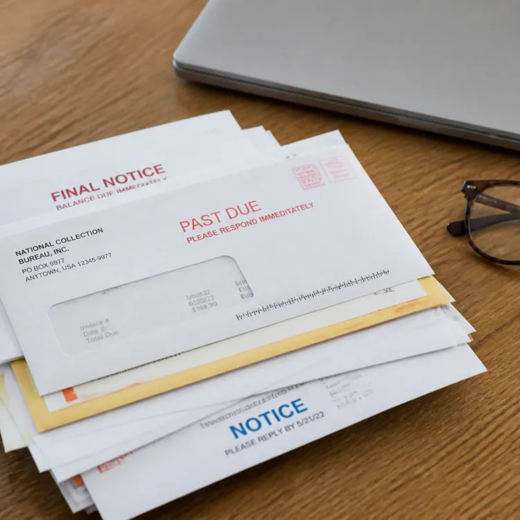 Stack of overdue bill envelopes labeled past due and final notice on a wooden desk next to eyeglasses