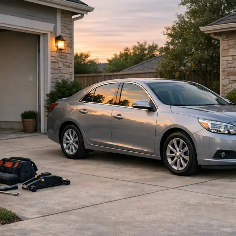 Silver sedan parked on driveway with car repair tools and toolboxes nearby