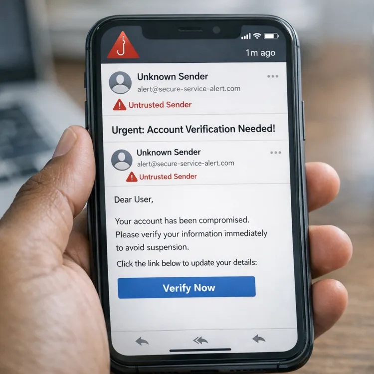 Hand holding a smartphone displaying a phishing email warning about account compromise.