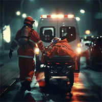emt pushing a patient on a gurney towards a waiting ambulance