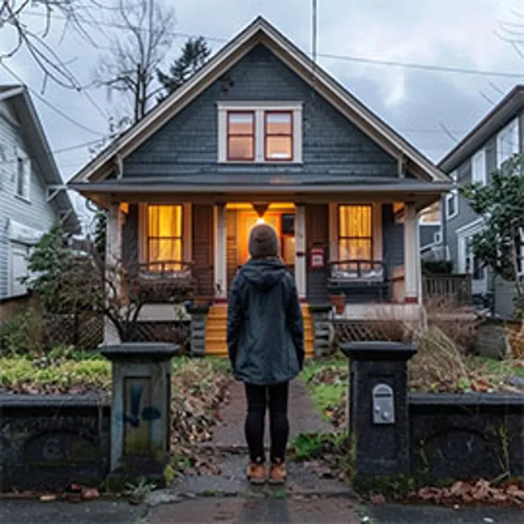 back view of a woman standing in front of a house