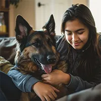 woman hugging her German shepherd dog