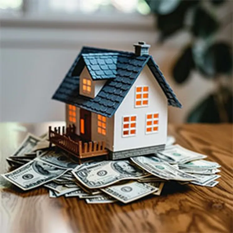 model house with blue roof atop a pile of money