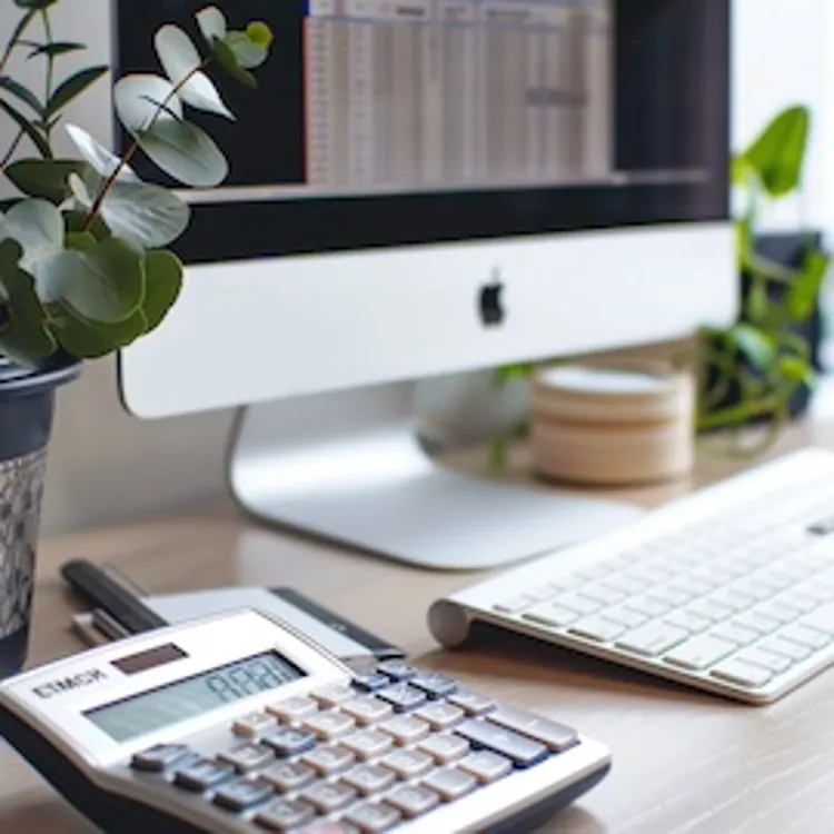 calculator in the foreground with an iMac in the background