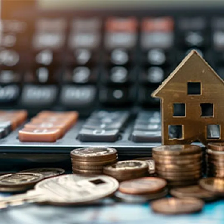 wooden model house with stacks of coins and a key in front of a calculator