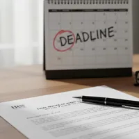 Calendar with deadline circled, document labeled IRS, pen, glasses, and coffee cup on a desk.