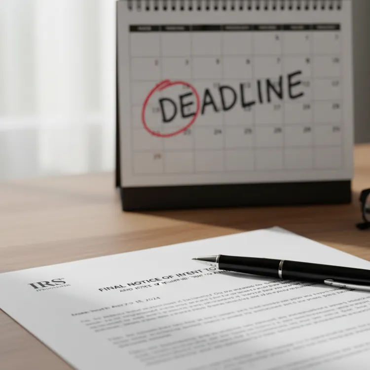 Calendar with deadline circled, document labeled IRS, pen, glasses, and coffee cup on a desk.