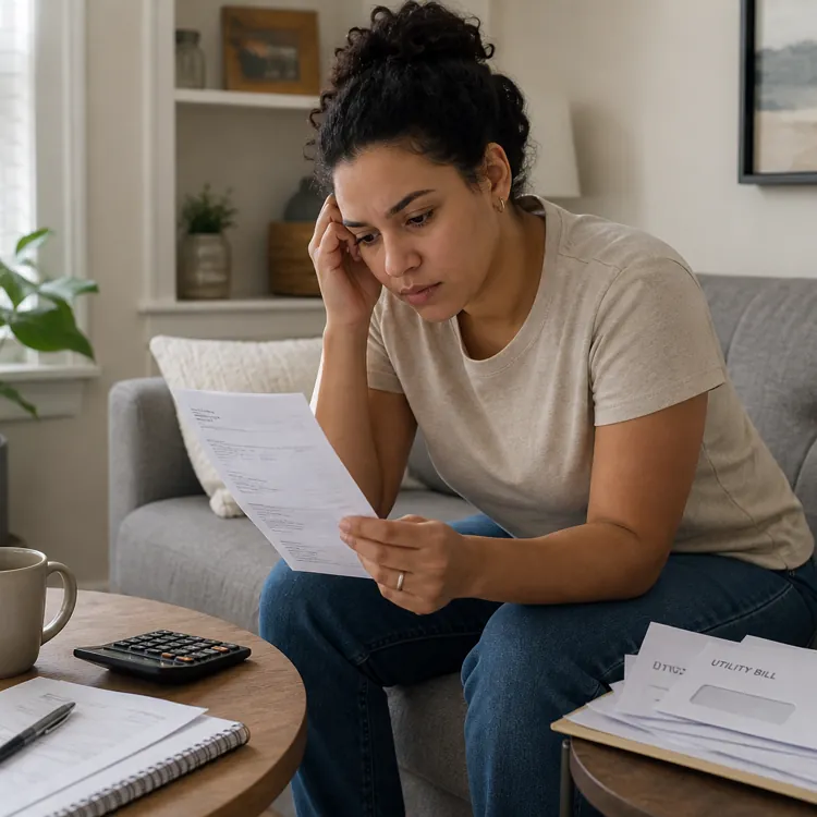 Woman sitting on couch looking worried while reviewing bills and using a calculator