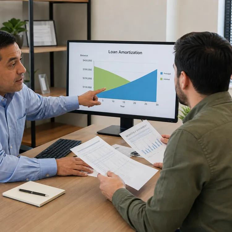 Loan officer explaining loan amortization chart on computer to a couple in an office setting