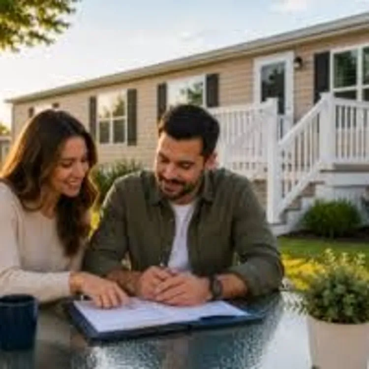 Smiling couple sitting at an outdoor table reviewing documents in front of a manufactured home