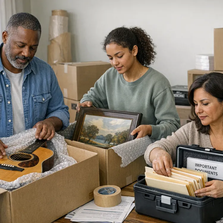 Three people packing items into boxes, including a guitar, a framed painting, and important documents