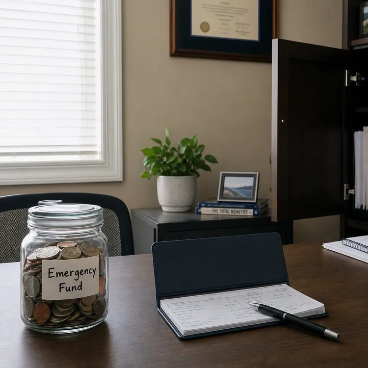 Glass jar labeled emergency fund with coins on a desk beside a checkbook and calculator