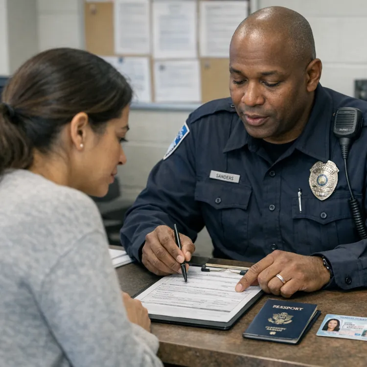 Police officer in uniform assisting a woman with paperwork at a desk in an office.