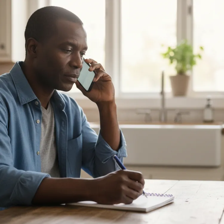 Man talking on phone and writing in notebook at kitchen table