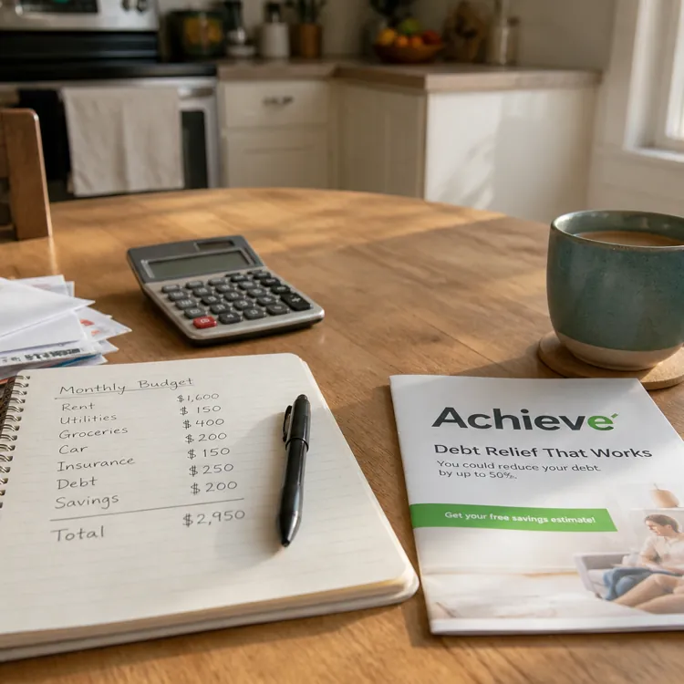 Monthly budget notebook, calculator, coffee cup, debt relief brochure, and mail on a kitchen table