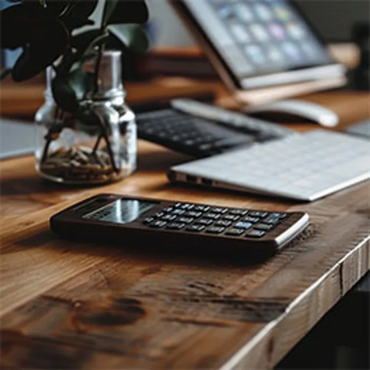 calculator beside a closed laptop on a table
