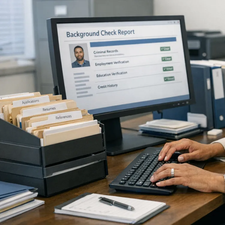 Woman in business attire sitting at a desk in an office, reviewing a background check report on a computer screen.