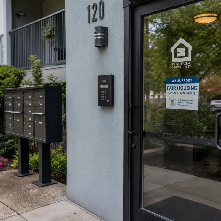 Apartment entrance with mailboxes and fair housing sign on glass door