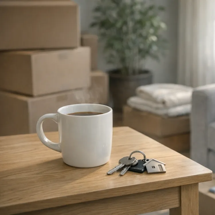 Coffee mug and house keys on table with moving boxes and sofa in background