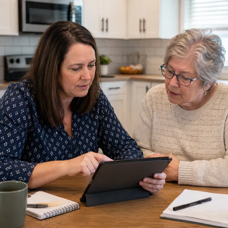 Two women sitting at a kitchen table looking at a tablet with notebooks and mugs nearby