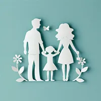 paper cut outs of a man and woman with girl and flowers on each side of couple
