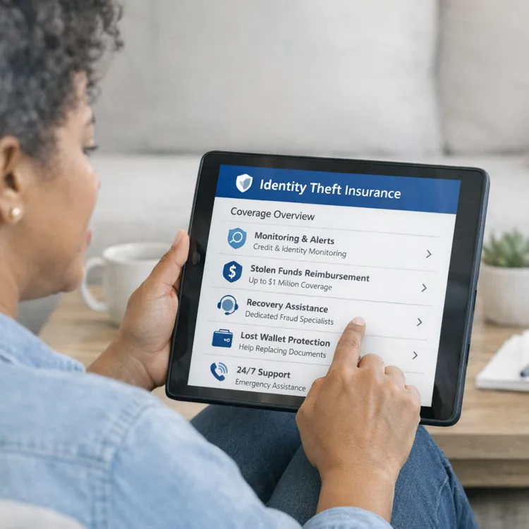 Person holding a tablet displaying identity theft insurance options while sitting on a couch.