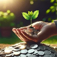 hand cupping a plant growing on a pile of coins