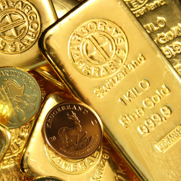Stack of shiny gold bars and coins with detailed engravings