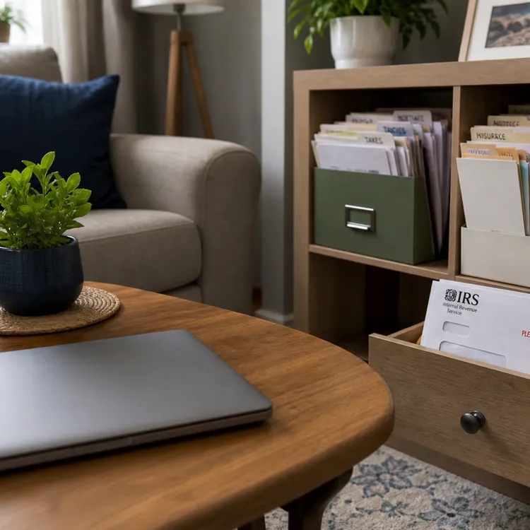 Laptop on table with IRS letter and tax files in background